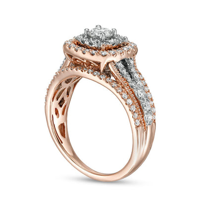 1.0 CT. T.W. Natural Diamond Double Cushion-Shaped Frame Antique Vintage-Style Engagement Ring in Solid 14K Rose Gold (I/I2)