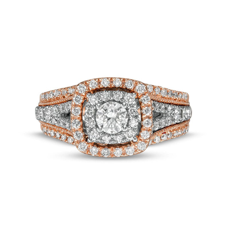 1.0 CT. T.W. Natural Diamond Double Cushion-Shaped Frame Antique Vintage-Style Engagement Ring in Solid 14K Rose Gold (I/I2)