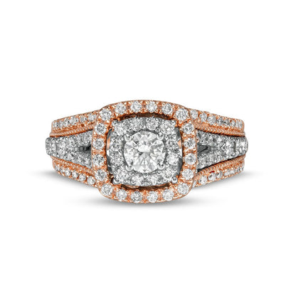 1.0 CT. T.W. Natural Diamond Double Cushion-Shaped Frame Antique Vintage-Style Engagement Ring in Solid 14K Rose Gold (I/I2)