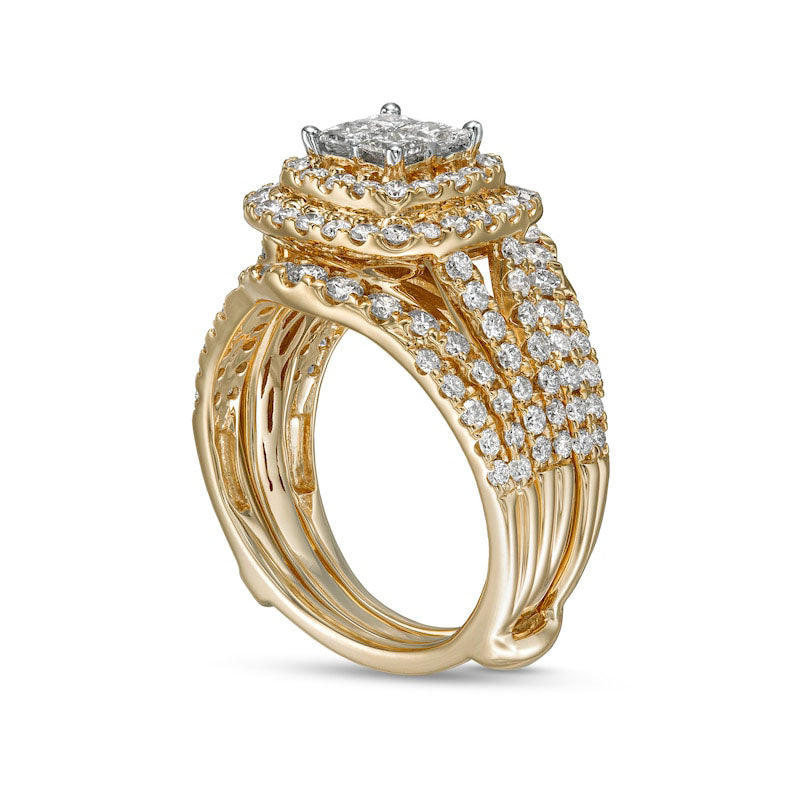 2.0 CT. T.W. Princess-Cut Quad Natural Diamond Frame Multi-Row Bridal Engagement Ring Set in Solid 14K Gold (I/I2)