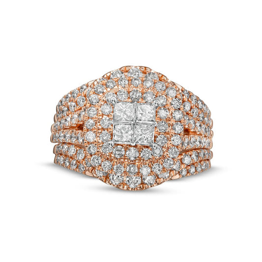 2.0 CT. T.W. Princess-Cut Quad Natural Diamond Frame Multi-Row Bridal Engagement Ring Set in Solid 14K Rose Gold (I/I2)