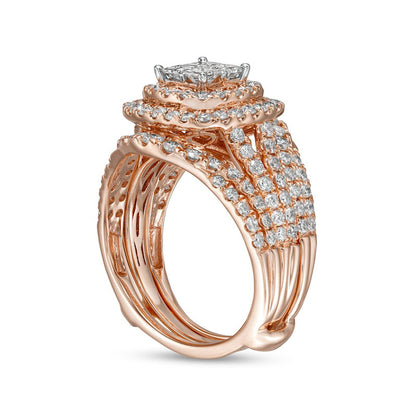 2.0 CT. T.W. Princess-Cut Quad Natural Diamond Frame Multi-Row Bridal Engagement Ring Set in Solid 14K Rose Gold (I/I2)