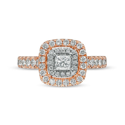 1.0 CT. T.W. Princess-Cut Natural Diamond Double Frame Engagement Ring in Solid 14K Rose Gold (I/I2)
