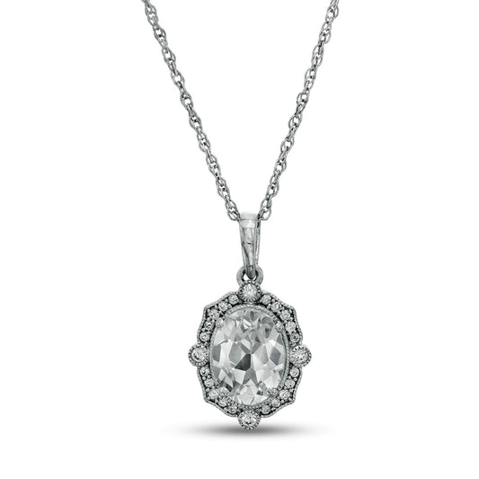 Oval White Lab-Created Sapphire and 0.1 CT. T.W. Diamond Ornate Frame Antique Vintage-Style Pendant in 10K White Gold