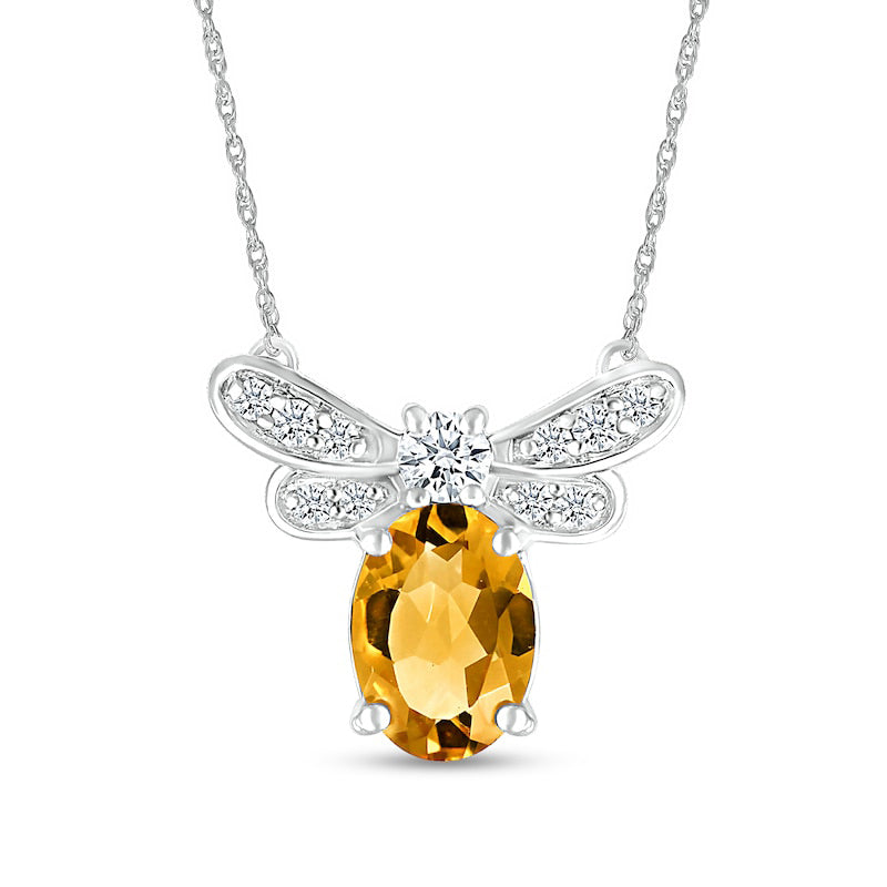 Oval Citrine and White Lab-Created Sapphire Dragonfly Necklace in Sterling Silver