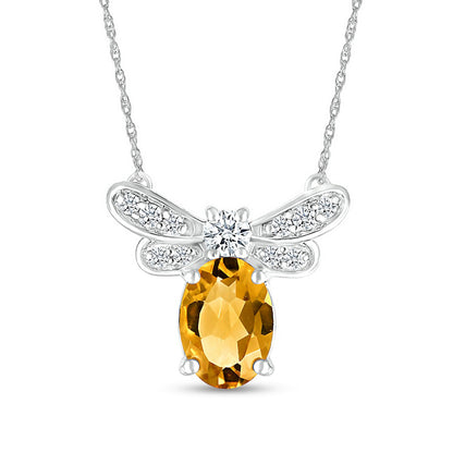 Oval Citrine and White Lab-Created Sapphire Dragonfly Necklace in Sterling Silver