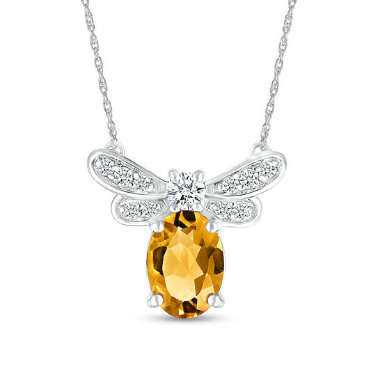 Oval Citrine and White Lab-Created Sapphire Dragonfly Necklace in Sterling Silver
