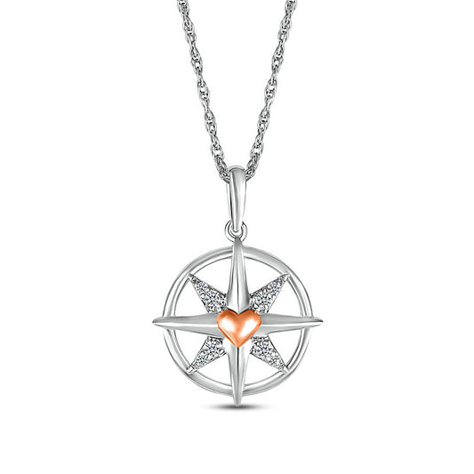 White Lab-Created Sapphire with Puff Heart Accent North Star Compass Pendant in Sterling Silver and 10K Rose Gold