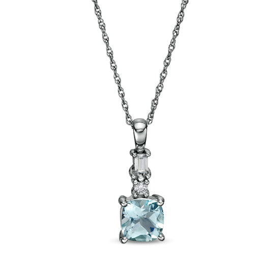 6.0mm Cushion-Cut Aquamarine and 0.07 CT. T.W. Baguette and Round Natural Diamond Drop Pendant in 14K White Gold