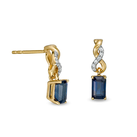 Emerald-Cut Blue Sapphire and Diamond Accent Twist Drop Earrings in 14K Gold