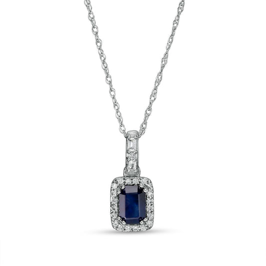 Emerald-Cut Blue Sapphire and 0.13 CT. T.W. Baguette and Round Natural Diamond Frame Alternating Drop Pendant in 14K White Gold