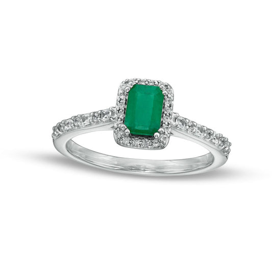 Emerald-Cut Emerald and 0.20 CT. T.W. Baguette and Round Natural Diamond Frame Alternating Shank Ring in Solid 14K White Gold