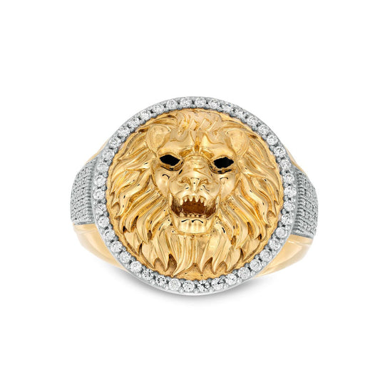Men's 0.50 CT. T.W. Natural Diamond Circle Frame Lion Head Domed Ring in Solid 10K Yellow Gold and Black Rhodium