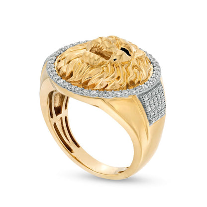 Men's 0.50 CT. T.W. Natural Diamond Circle Frame Lion Head Domed Ring in Solid 10K Yellow Gold and Black Rhodium