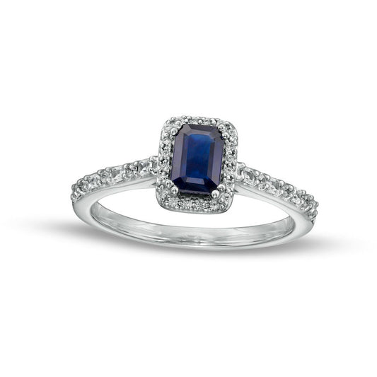 Emerald-Cut Blue Sapphire and 0.20 CT. T.W. Baguette and Round Natural Diamond Frame Alternating Shank Ring in Solid 14K White Gold