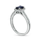 Emerald-Cut Blue Sapphire and 0.20 CT. T.W. Baguette and Round Natural Diamond Frame Alternating Shank Ring in Solid 14K White Gold