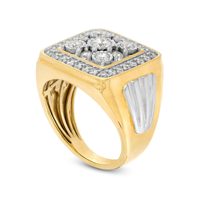 Men's 1.38 CT. T.W. Natural Diamond Square Frame Ribbed Side Accent Ring in Solid 10K Two-Tone Gold