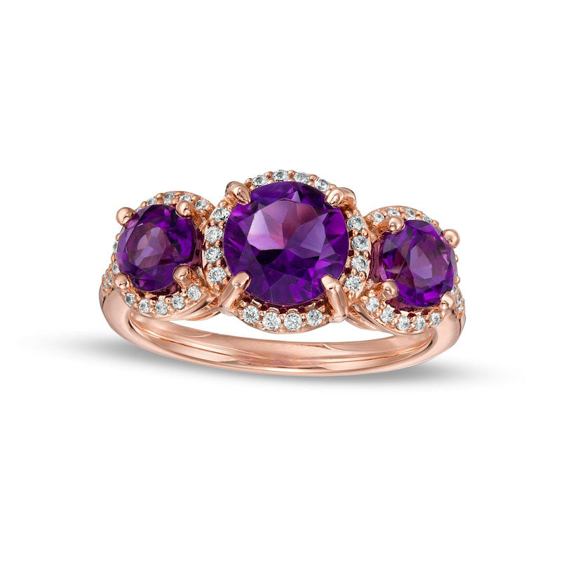 Amethyst and 0.20 CT. T.W. Natural Diamond Frame Three Stone Ring in Solid 14K Rose Gold