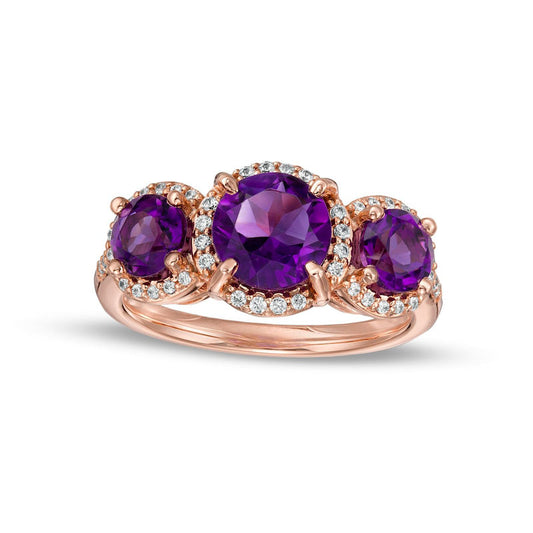 Amethyst and 0.20 CT. T.W. Natural Diamond Frame Three Stone Ring in Solid 14K Rose Gold