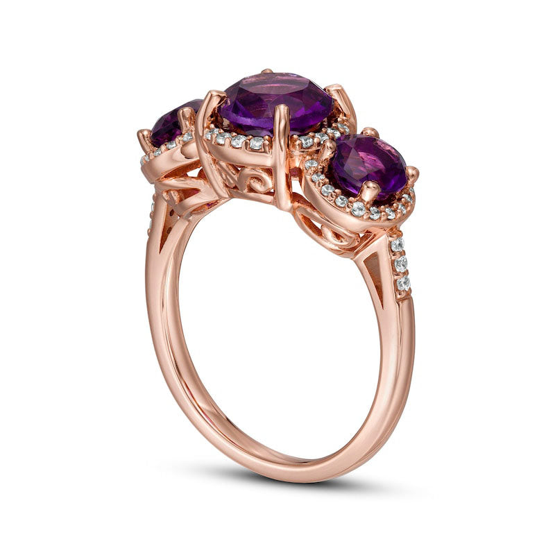 Amethyst and 0.20 CT. T.W. Natural Diamond Frame Three Stone Ring in Solid 14K Rose Gold