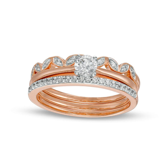 0.38 CT. T.W. Natural Diamond Alternating Leaf Three Piece Bridal Engagement Ring Set in Solid 10K Rose Gold (J/I3)