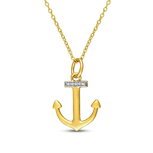 Natural Diamond Accent Anchor Pendant in Sterling Silver with Yellow Rhodium