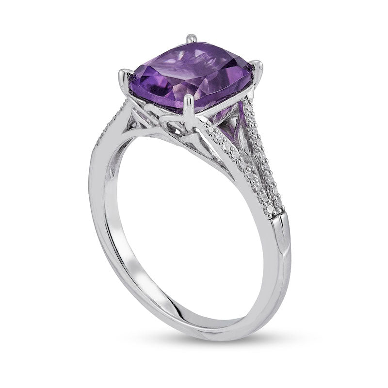 Cushion-Cut Faceted Amethyst and 0.13 CT. T.W. Natural Diamond Split Shank Ring in Solid 10K White Gold - Size 7