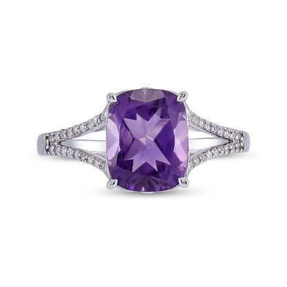 Cushion-Cut Faceted Amethyst and 0.13 CT. T.W. Natural Diamond Split Shank Ring in Solid 10K White Gold - Size 7