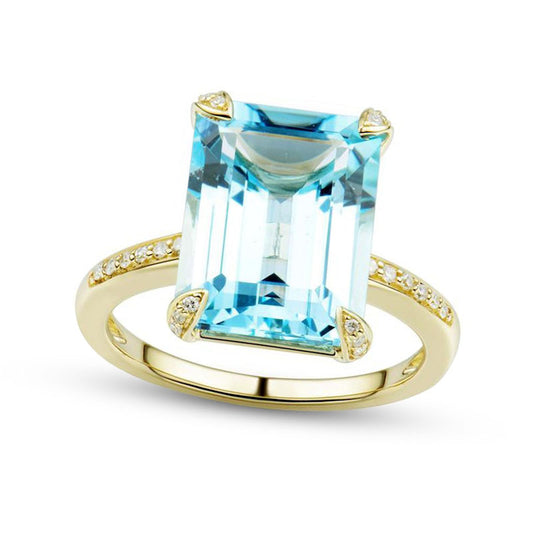 Emerald-Cut Faceted Sky Blue Topaz and 0.10 CT. T.W. Natural Diamond Four-Corner Overlay Accent Ring in Solid 10K Yellow Gold - Size 7