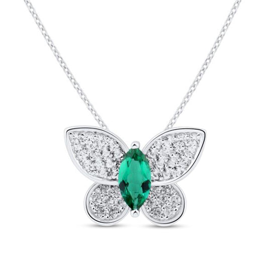 Marquise Lab-Created Emerald and White Lab-Created Sapphire Butterfly Pendant in 10K White Gold