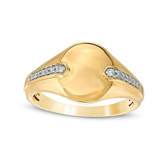 Men's 0.10 CT. T.W. Natural Diamond Chevron Shank Overlay Oval Signet Ring in Solid 10K Yellow Gold