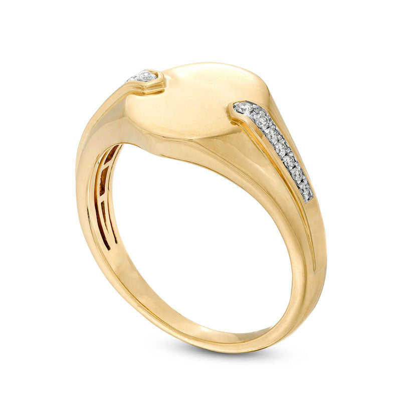 Men's 0.10 CT. T.W. Natural Diamond Chevron Shank Overlay Oval Signet Ring in Solid 10K Yellow Gold