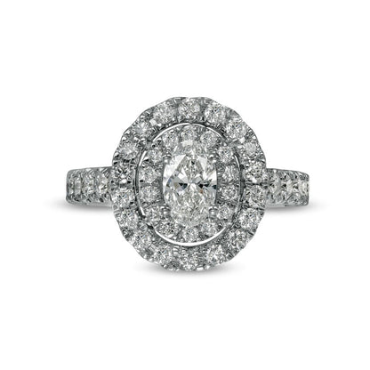 1.5 CT. T.W. Oval Natural Diamond Double Frame Engagement Ring in Solid 14K White Gold (I/SI2)
