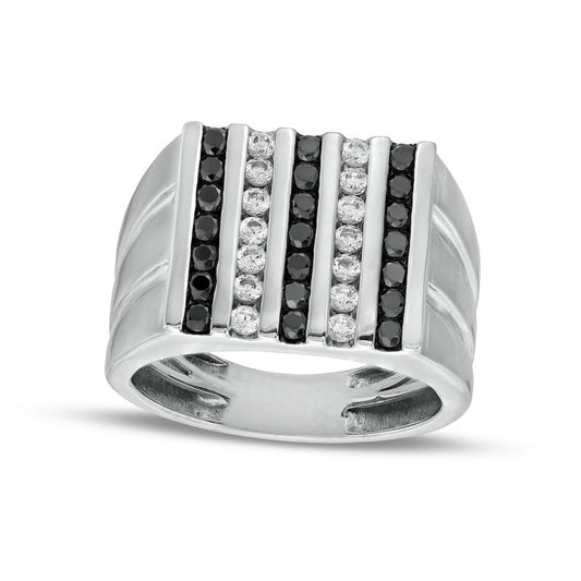 Men's 1.0 CT. T.W. Black Enhanced and White Natural Diamond Vertical Multi-Row Double Groove Shank Ring in Solid 10K White Gold