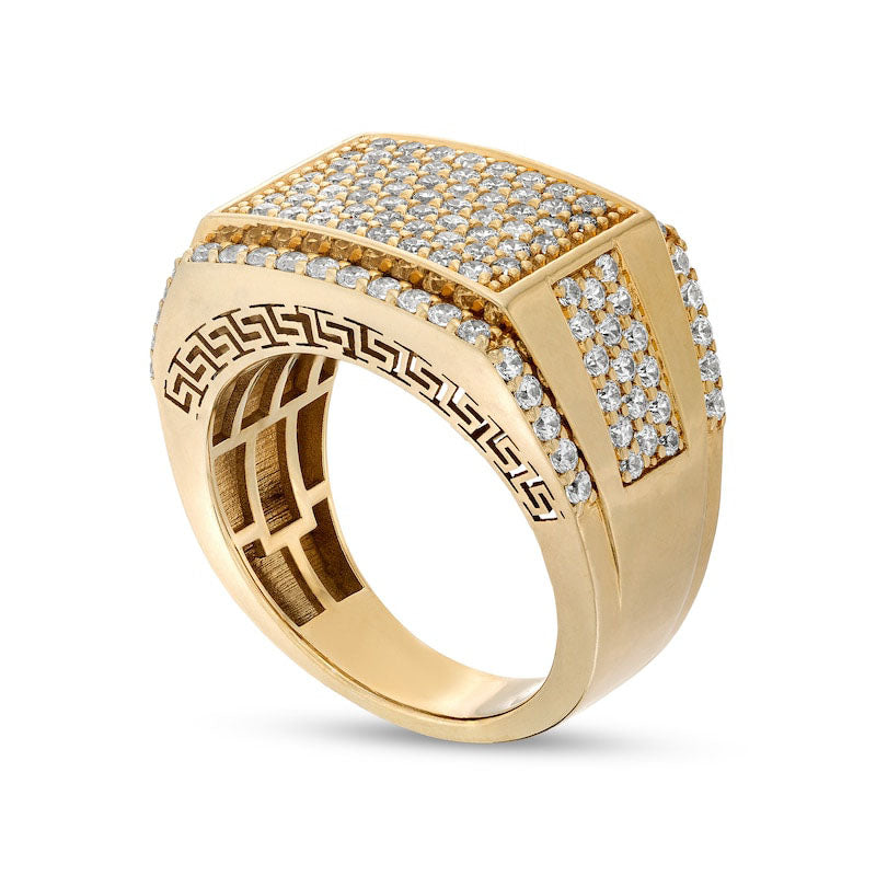 Men's 2.25 CT. T.W. Rectangular Composite Natural Diamond Stepped Border with Etched Greek Key Outer Edge Ring in Solid 10K Yellow Gold