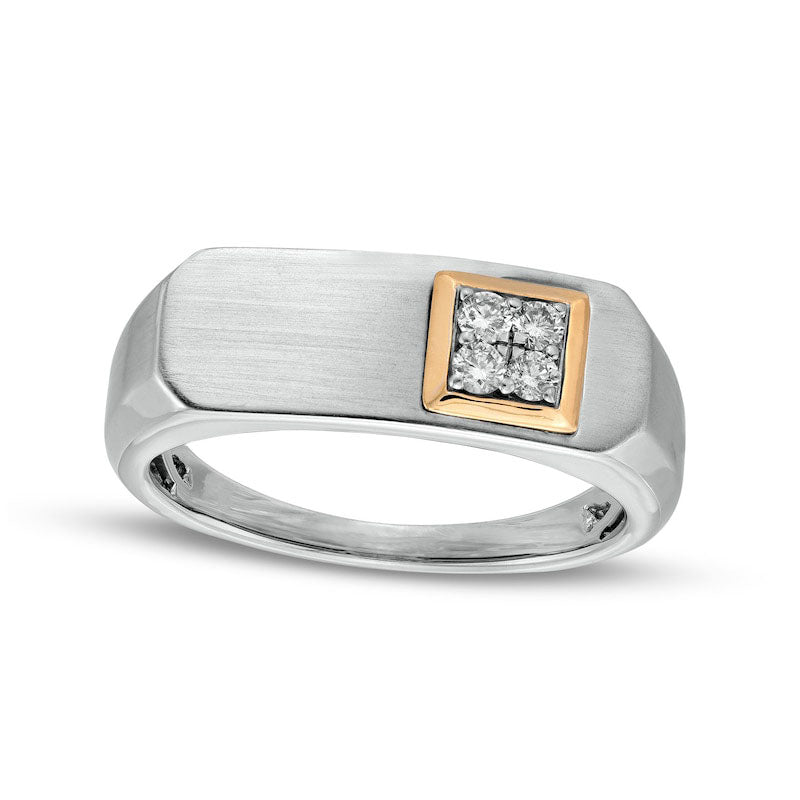 Men's 0.17 CT. T.W. Quad Natural Diamond Multi-Finish Octagon Flat-Top Beveled Edge Ring in Solid 10K Two-Tone Gold