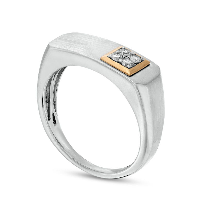 Men's 0.17 CT. T.W. Quad Natural Diamond Multi-Finish Octagon Flat-Top Beveled Edge Ring in Solid 10K Two-Tone Gold