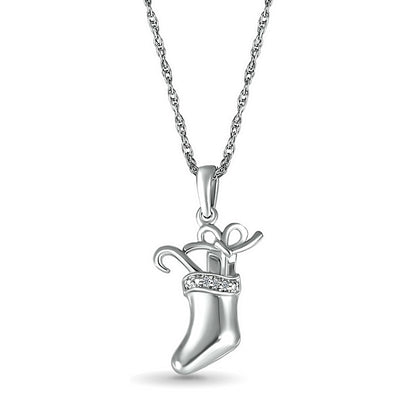 Natural Diamond Accent Stocking with Gifts Pendant in Sterling Silver