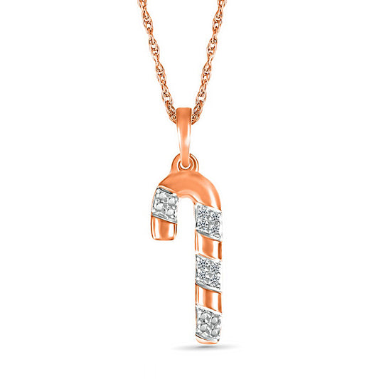 Natural Diamond Accent Candy Cane Pendant in Sterling Silver with 14K Rose Gold