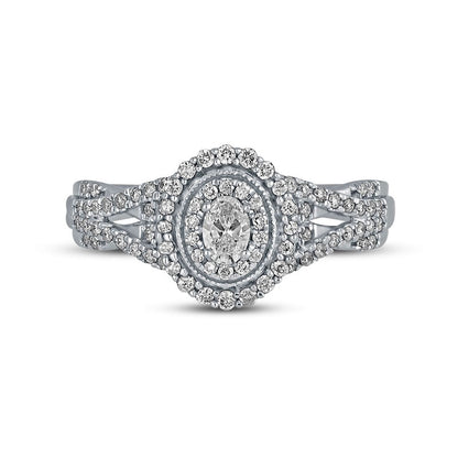 0.50 CT. T.W. Oval Natural Diamond Frame Antique Vintage-Style Multi-Row Engagement Ring in Solid 10K White Gold