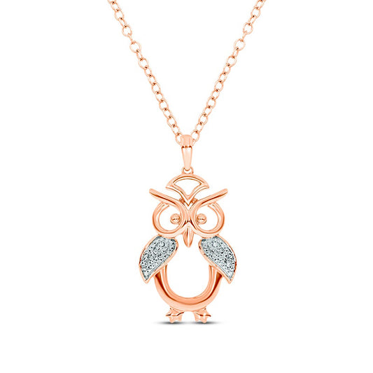 Natural Diamond Accent Owl Pendant in Sterling Silver with 14K Rose Gold Plate