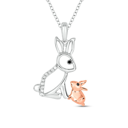 0.05 CT. T.W. Black Enhanced and White Natural Diamond Motherly Love Rabbits Pendant in Sterling Silver and 14K Rose Gold Plate
