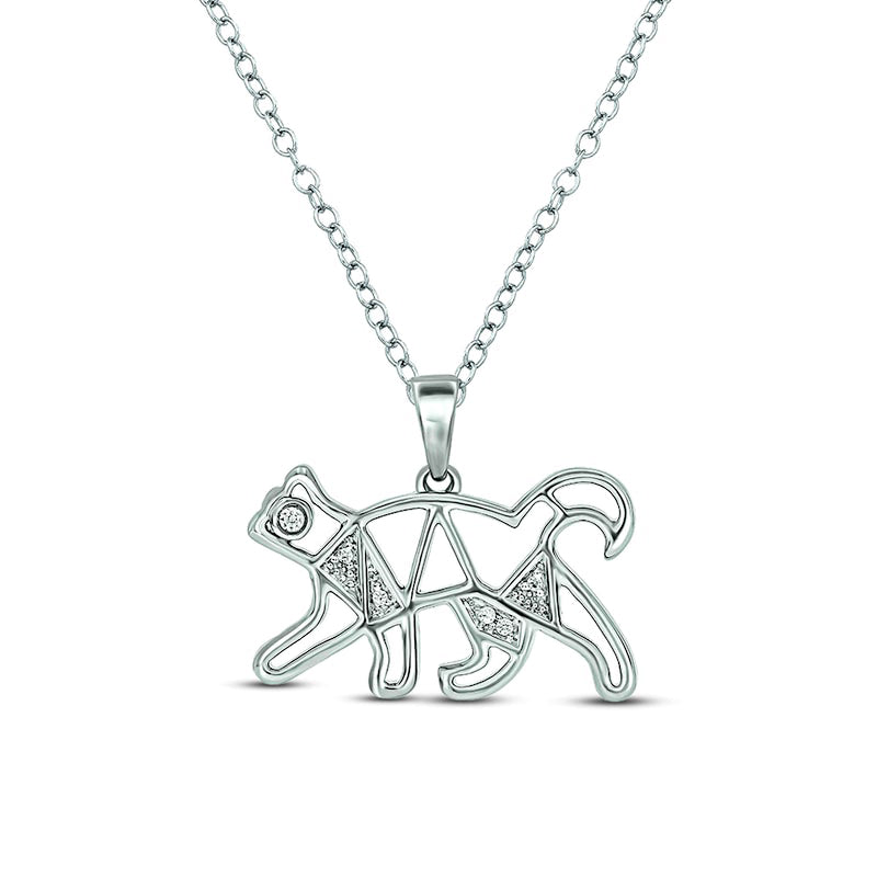 Natural Diamond Accent Geometric Cat Pendant in Sterling Silver