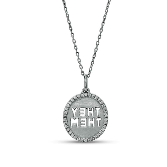 0.17 CT. T.W. Natural Diamond Frame "THEY/THEM" Circle Cutout Pendant in Sterling Silver