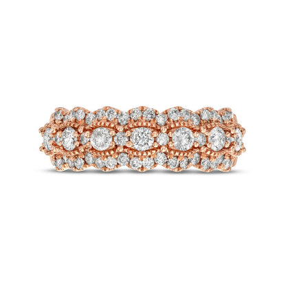 1.0 CT. T.W. Natural Diamond Triple Row Scallop Edge Anniversary Band in Solid 14K Rose Gold