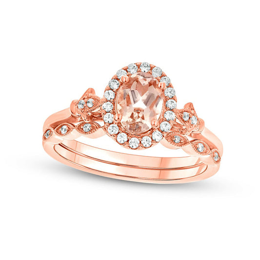 Oval Morganite and 0.20 CT. T.W. Natural Diamond Frame Fleur-de-Lis Antique Vintage-Style Bridal Engagement Ring Set in Solid 10K Rose Gold