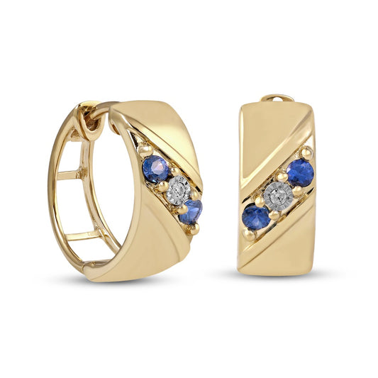 Men's Blue Sapphire and Diamond Accent Three Stone Slant Huggie Hoop Earrings in 10K Gold