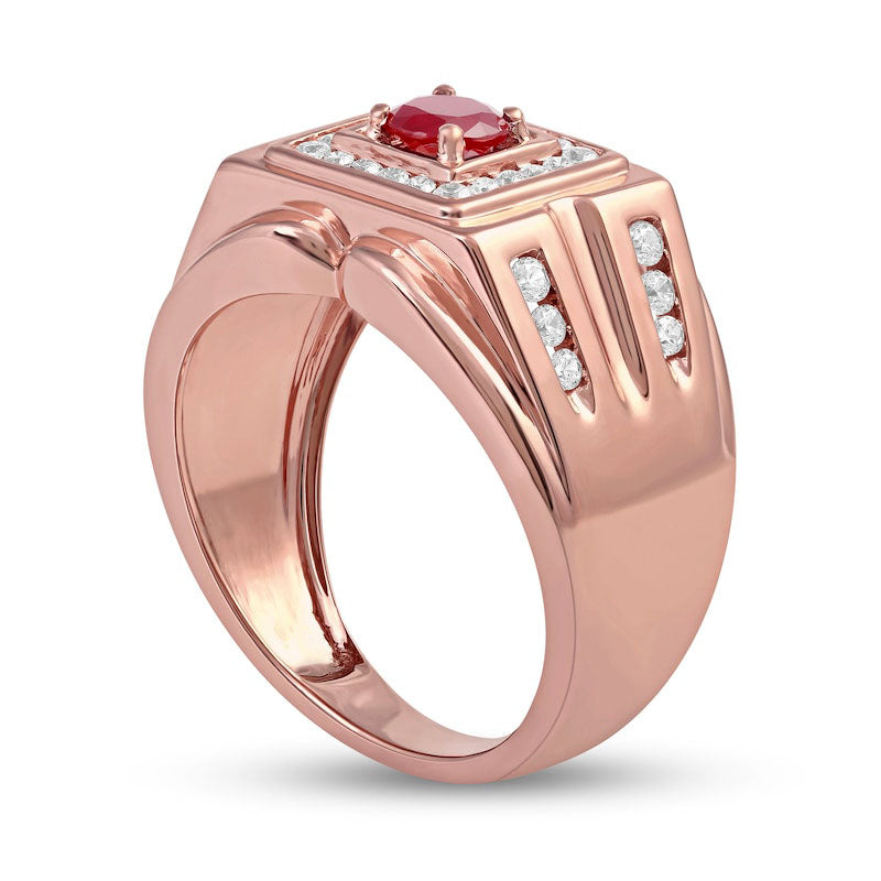 Men's 5.0mm Ruby and 0.50 CT. T.W. Natural Diamond Square Frame Double Row with Groove Shank Ring in Solid 10K Rose Gold