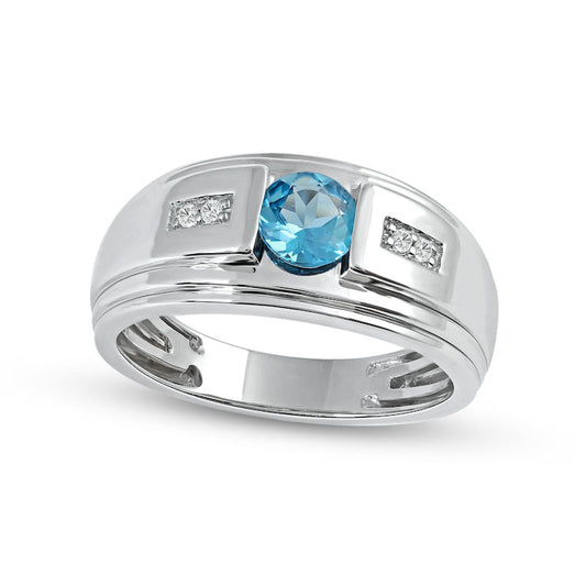 Men's 6.0mm Swiss Blue Topaz and 0.05 CT. T.W. Natural Diamond Stepped Edge Ring in Sterling Silver