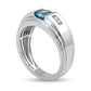 Men's 6.0mm Swiss Blue Topaz and 0.05 CT. T.W. Natural Diamond Stepped Edge Ring in Sterling Silver